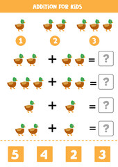 Addition worksheet with cartoon duck. Math game.