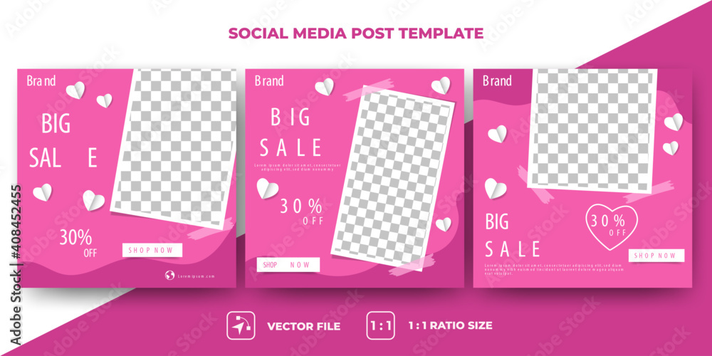 Set of Editable valentine's square banner template. Modern banner design with pink color background and love decoration. Usable for social media, banner and web. Flat design vector with photo collage. - obrazy, fototapety, plakaty 