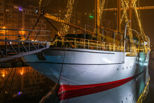 Three Master Ship Mercator In The Yacht Marina Harbour Of Ostend (Oostende) At Night, Belgium