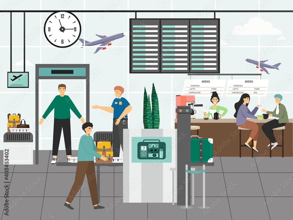 Airport security control and customs concept vector illustration ...