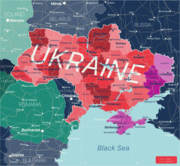 Wall Mural - Ukraine detailed editable map with regions cities and towns, roads and railways. Vector EPS-10 file