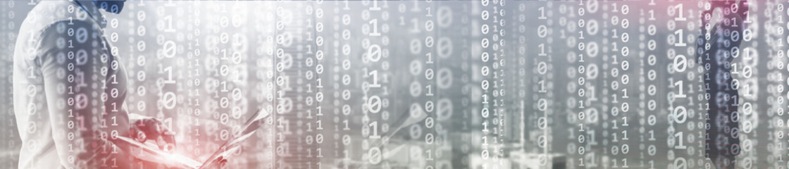 Wall Mural - Binary computer code virtual city skyline. Matrix Mixed Media Background.