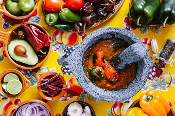 Poster - Mexican red sauce in a traditional molcajete and ingredients in kitchen in Mexico city