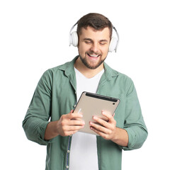 Wall Mural - Young man with tablet computer and headphones on white background