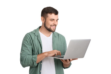 Wall Mural - Young man with laptop on white background
