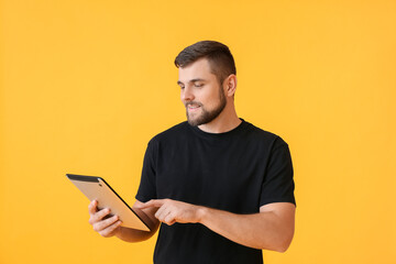 Wall Mural - Young man with tablet computer on color background