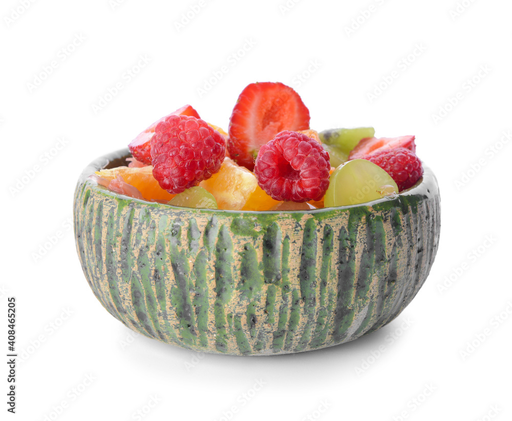 Bowl with fruit salad on white background