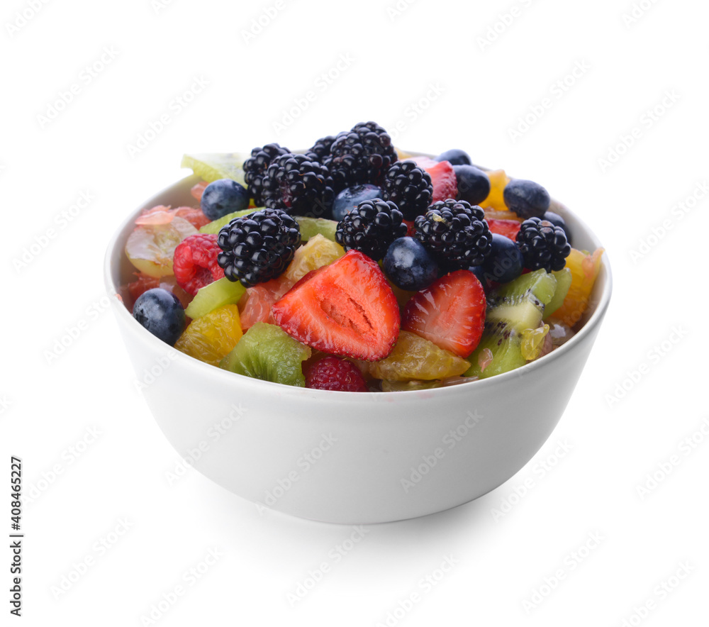 Bowl with fruit salad on white background