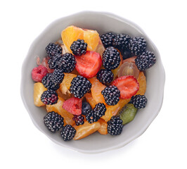 Bowl with fruit salad on white background