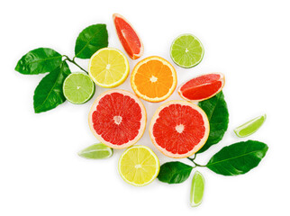 Flat lay composition with citrus fruits, leaves and flowers on white background.