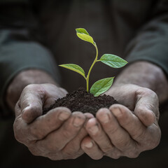 Wall Mural - Senior man holding young green plant in hands