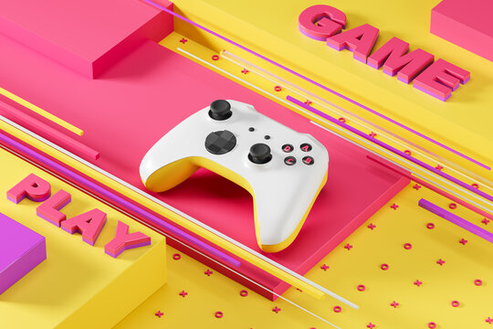 White standard video game controller on an abstract yellow and pink background. Game Play. 3d rendering