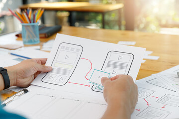 Wall Mural - graphic designers work together with ux ui designer planning application template layout framework f