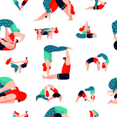 Acro yoga - seamless pattern with cute cartoon characters doing asanas. Great choice for textile or wallpapers print, apparel or yoga studio brand design.