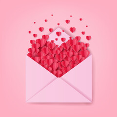 Happy Valentine's Day concept, Pink envelope has a lot of red paper hearts inside, Letter to love, Paper art and digital craft style