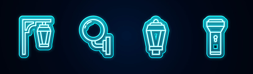 Set line Vintage street light, Wall lamp or sconce, Garden and Flashlight. Glowing neon icon. Vector.