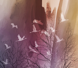 Plakat ptak las jesień stado sztuka