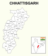 Poster - Chhattisgarh map. Political and administrative map of Chhattisgarh with the district name. Showing State boundary and district boundary of Chhattisgarh.