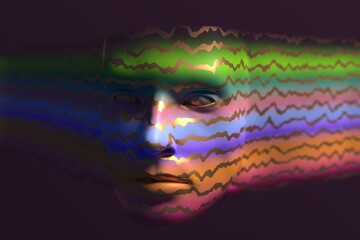 Wall Mural - artistic digital representation of a human head. colorful gradient and golden waves. 3d render / ren