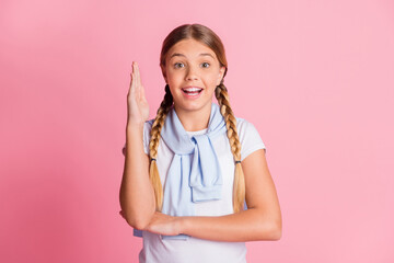 Sticker - Photo of young schoolgirl happy smile raise hand answer question lesson tight jumper isolated over pink color background