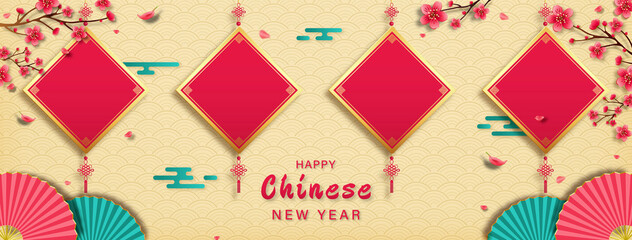 Wall Mural - happy chinese new year banner background with empty red hangings for your texts or pictures on orien