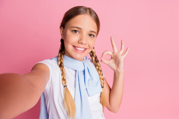 Poster - Photo of schoolgirl happy smile make selfie show okey sign jumper on shoulders isolated over pastel color background