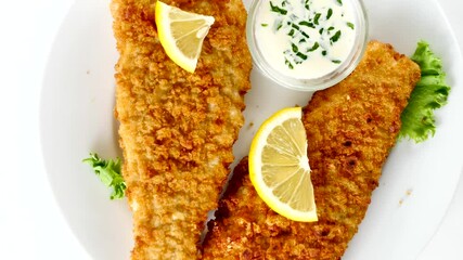 Wall Mural - breaded fish with lemon and sauce