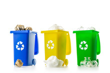 Recycling Sorting. Bin Container For Disposal Garbage Waste And Save Environment. Yellow, Green, Blue Dustbin For Recycle Plastic, Paper And Glass Can Trash Isolated On White Background.