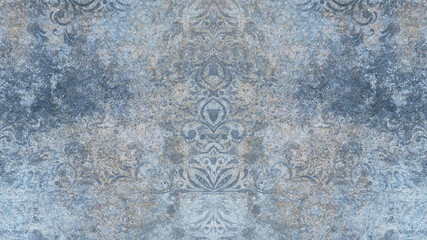 Old blue gray rusty vintage worn damask shabby patchwork motif tiles stone concrete cement wall texture background banner