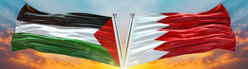 Bahrain Flag and Palestine flag waving with texture sky Cloud and sunset Double flag