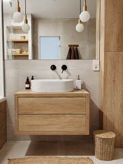 modern nordic scandinavian interior design concept. bathroom with neutral grey and beige colors. ele