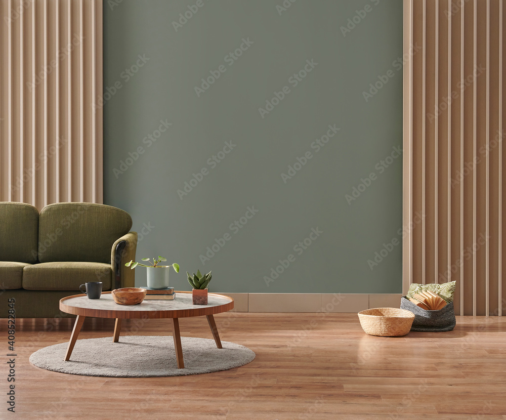 Green wall background, minimalist sofa, marble pattern wooden sofa, grey carpet, poster, lamp and frame. - obrazy, fototapety, plakaty 
