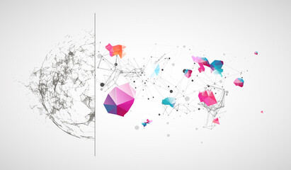 Abstract geometric 3d sphere/half-sphere made of points and lines. Futuristic art technology style.