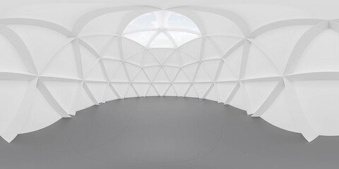 Wall Mural - 360 degree panorama view of white futuristic room architecture building interior 3d render illustration hdr vr style equi rectangular projection
