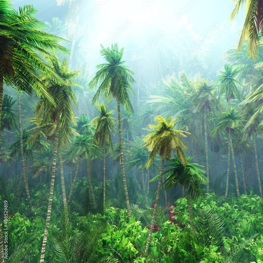 Jungle, beautiful rainforest in the fog, palm trees in the haze, jungle in the morning in the fog, 3D rendering - obrazy, fototapety, plakaty 