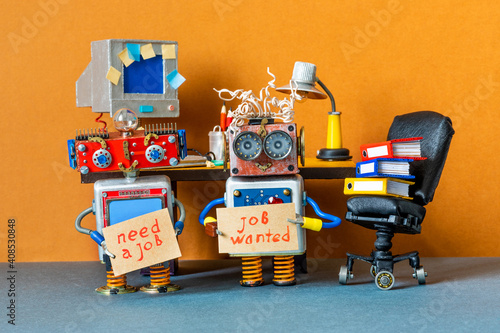 Job search recruitment office specialists. Two robots with posters: job wanted and need a job. Retro style workplace interior background.