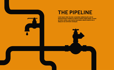 Web banner template. Industrial background with yellow pipeline. Oil, water or gas pipeline with fittings and valves. Vector illustration in a flat style.