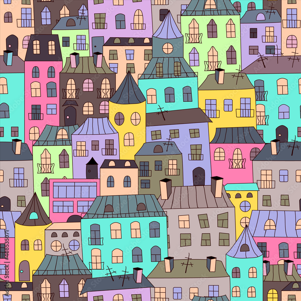 Seamless texture with houses of different colors Stock Vector | Adobe Stock