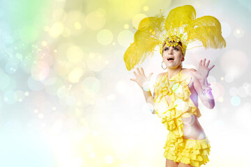 Wall Mural - Beautiful young woman in carnival, stylish masquerade costume with feathers dancing on white studio background with shining neoned bokeh. Concept of celebration, festive time, party. Copyspace