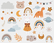 Vector  Boho Clipart For Nursery Decoration With Cute Rainbows, Moon, Bunny , Cloud, Stars. Modern Illustration. Perfect For Baby Shower, Birthday, Children's Party. 