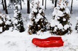 View of a red sledge in a winter landscape