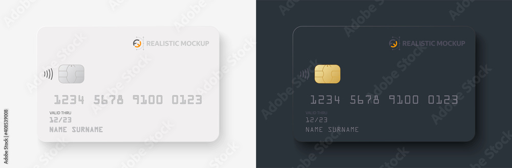 Credit card mockup. Realistic white and black credit card with blank surface for you design. Vector illustration EPS10 - obrazy, fototapety, plakaty 