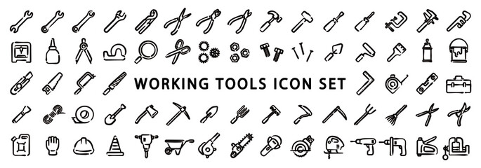 Wall Mural - Big Set of Working Tools Icon (Hand-drawn line version)