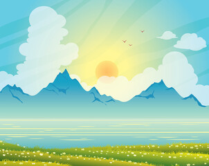 Sticker - Summer landscape - lake, mountains, grass