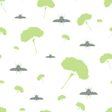 Seamless Pattern With Plants And Bugs Silhouettes. Botanical Ornament With Plants And Insects On White And Transparent Backgrounds.
