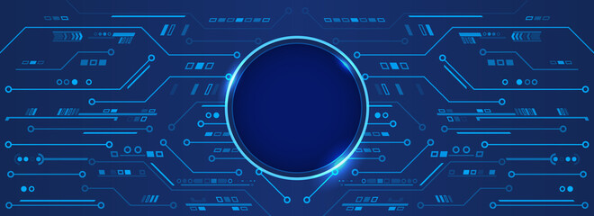 Hi tech circuit board design innovation concept. Abstract futuristic wide communication vector illustration. Sci fi technology on the blue background.