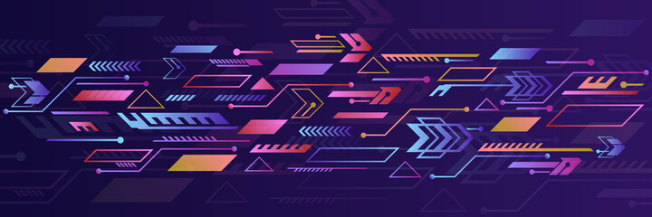 Wall Mural - Technology stripe glowing lines. Digital communication. Speed and motion blur over dark  background. Web banner. Hi-tech computer concept. Futuristic illustration of colorful light rays.