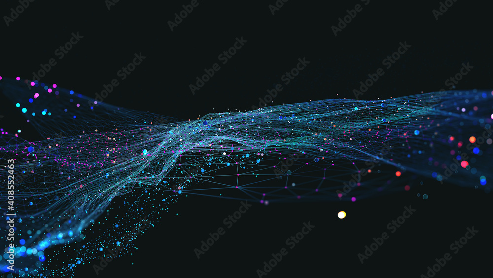 Big data and cybersecurity 3D illustration. Neural networks and artificial intelligence. Information Waves and Global Database. Abstract technological background - obrazy, fototapety, plakaty 