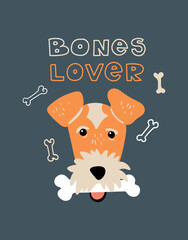 Wall Mural - Vector portrait of Fox Terrier. Cartoon illustration with dog and lettering 'Bones Lover' for print, poster, sticker or card.