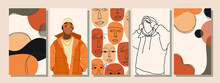 Set Of Man's Face Minimalist Collage Abstract Contemporary Fashion In A Modern Trendy Colors.